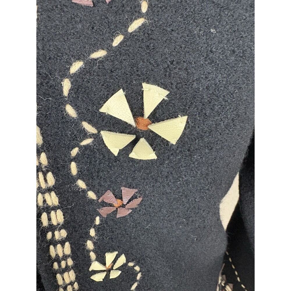 Lauren Hansen Sweater Womens S Black Wool Leather Floral Embroidered Vintage - Picture 12 of 14